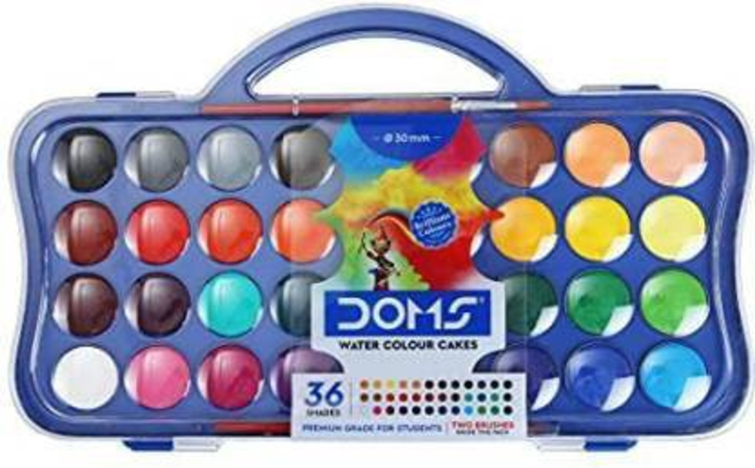 Image of DOMS Non Toxic 30mm Water Colour Cake Set with 2 Paint Brushes (Set of 36, Multicolor)