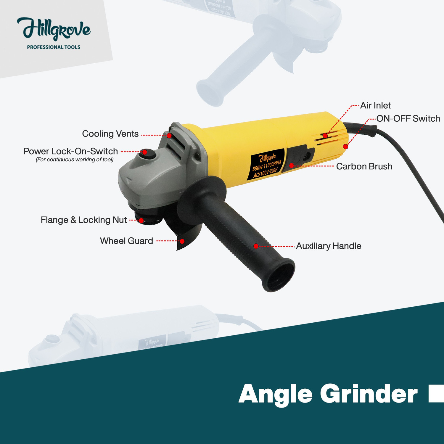 Image of Hillgrove HGCM33M2 1200W-26mm Hammer Drill Forward /Reverse Rotation with Angle Grinder Power & Hand Tool Kit