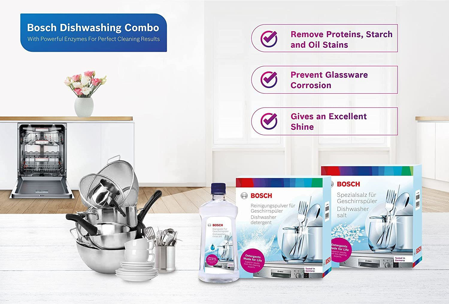 Image of BOSCH Combo Pack Dishwasher-Detergent, Salt & Rinse Aid Dishwashing Detergent