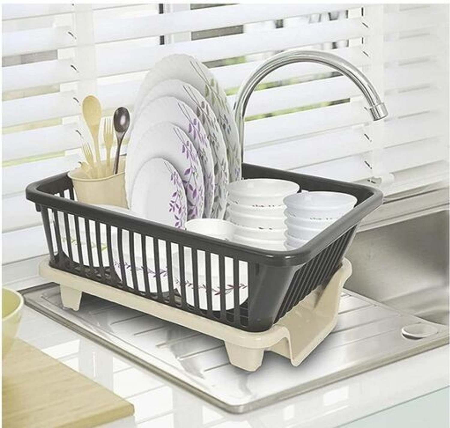 Image of MECHON Plastic 3 in 1 Large Sink Set Dish Rack Drainer with Tray for Kitchen (Black) Storage Basket
