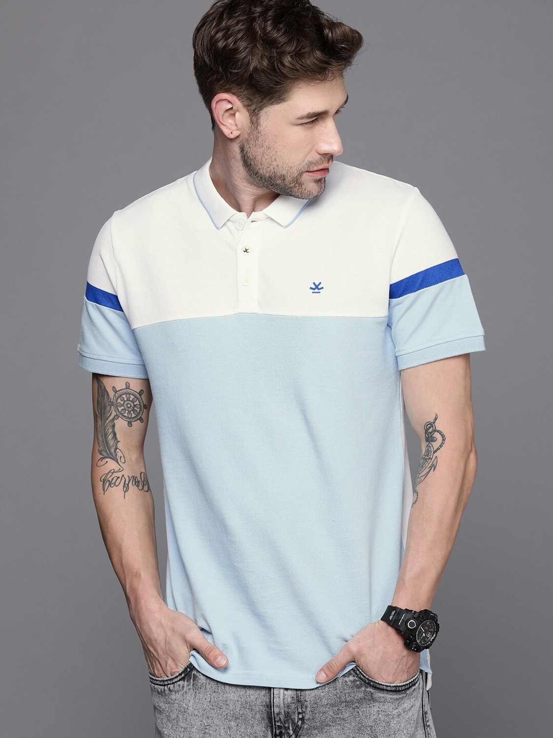 Image of WROGN Colorblock Men Polo Neck Light Blue, White T-Shirt