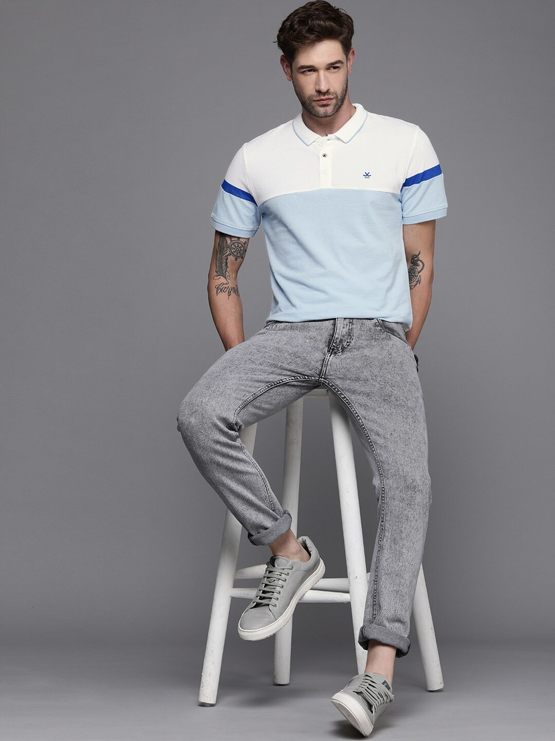 Image of WROGN Colorblock Men Polo Neck Light Blue, White T-Shirt