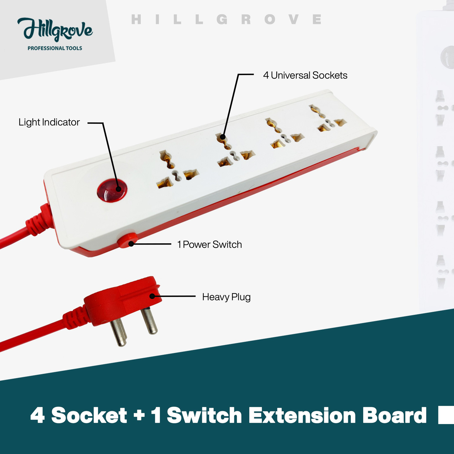 Image of Hillgrove Heavy Duty 5 Meter Long Cable Power Extension Board with 4 Universal Socket and 1 Switch Surge Protector Board for Computer /Home 4 Socket Extension Boards