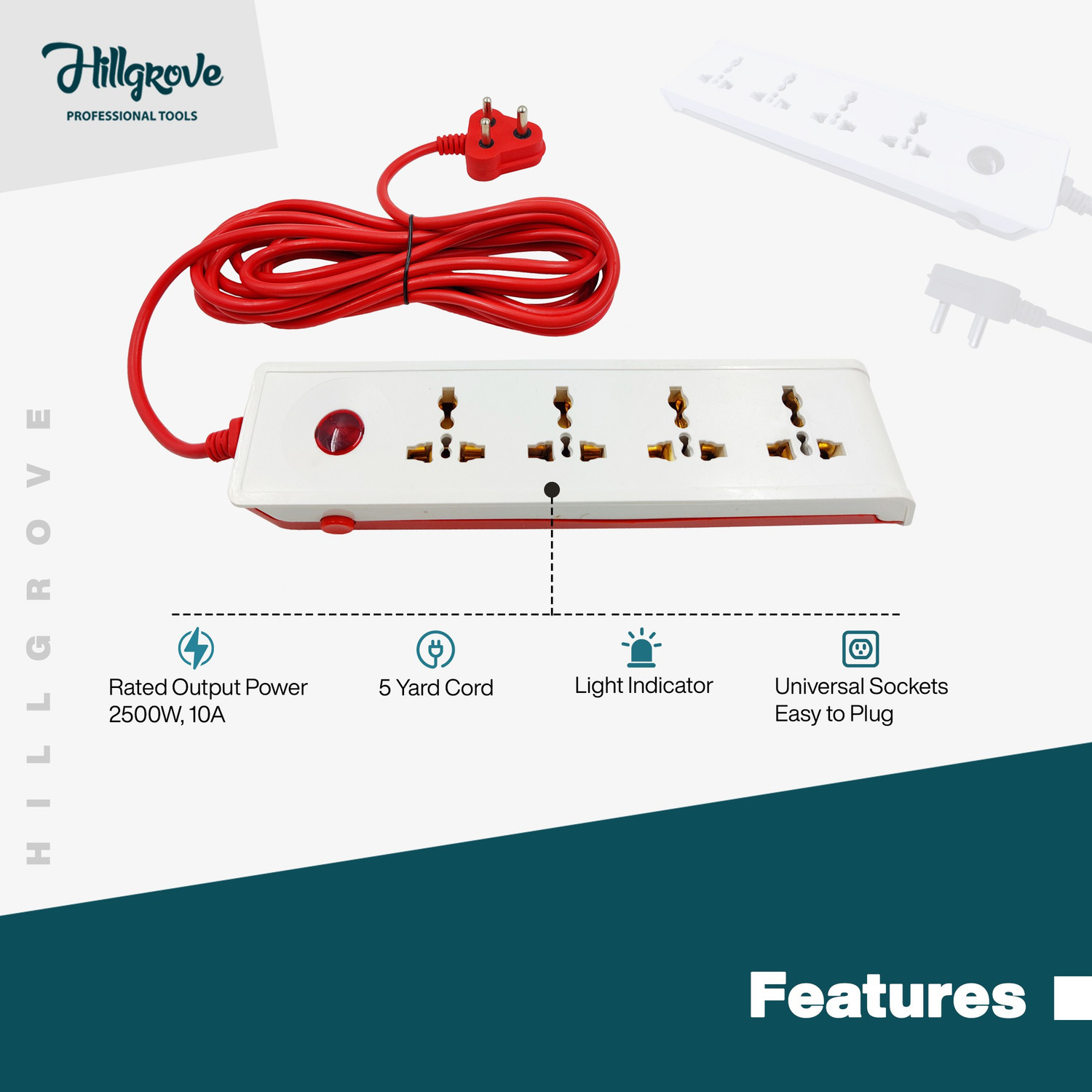 Image of Hillgrove Heavy Duty 5 Meter Long Cable Power Extension Board with 4 Universal Socket and 1 Switch Surge Protector Board for Computer /Home 4 Socket Extension Boards