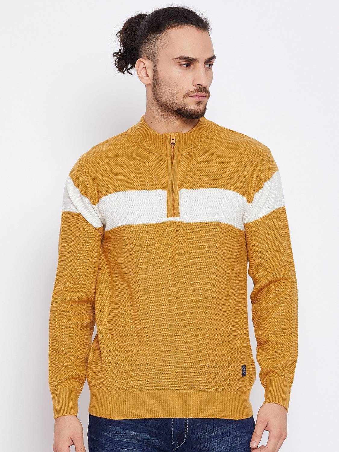 CANTABIL Colorblock High Neck Casual Men Yellow Sweater