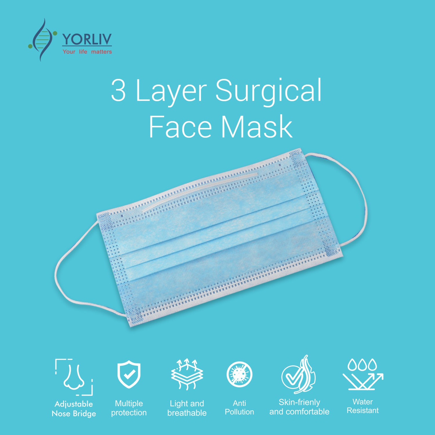 Image of YORLIV With Nose Clip, Soft Ear loops for Men Women Kids 3 Ply Mask,100 Pcs. Water Resistant Surgical Mask