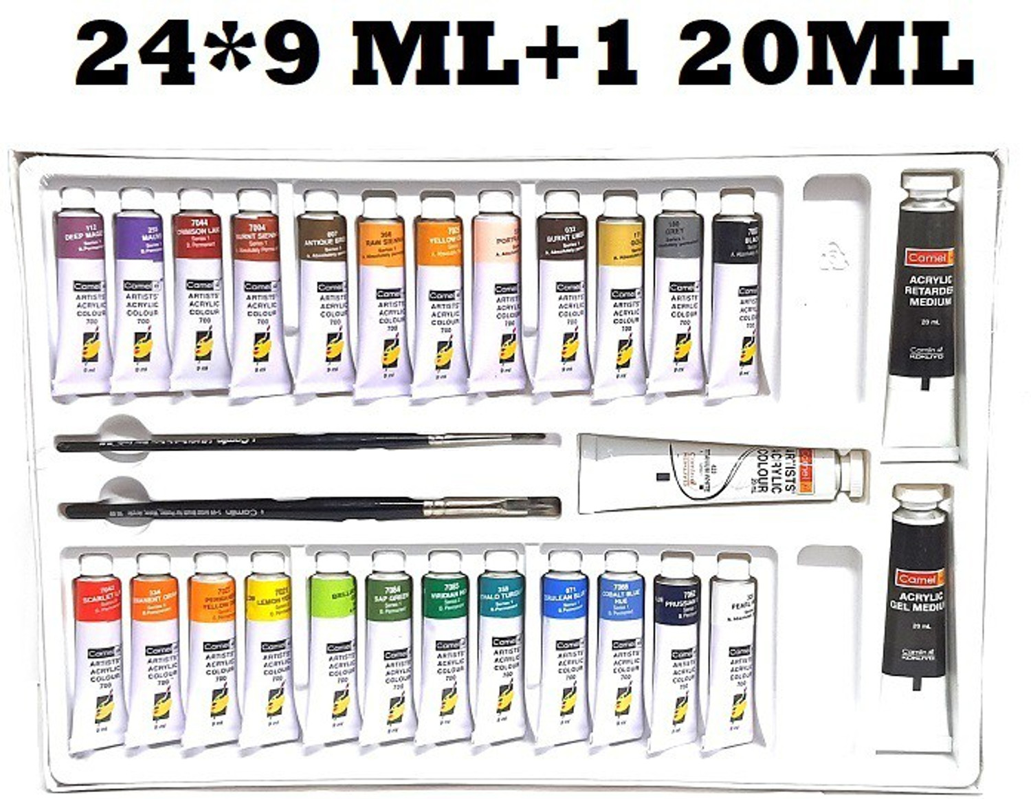 Image of Camlin CAMEL 0899758 24 *9 ML + 1 TITANIUM WHITE TUBE 20ML ARTISTS ACRYLIC COLOR PAINT SET (24 SHADES) (Set of 25, Multicolor)