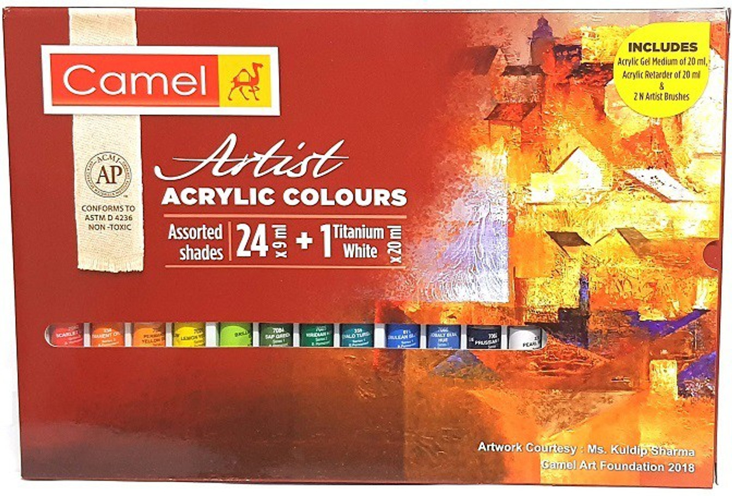 Image of Camlin CAMEL 0899758 24 *9 ML + 1 TITANIUM WHITE TUBE 20ML ARTISTS ACRYLIC COLOR PAINT SET (24 SHADES) (Set of 25, Multicolor)