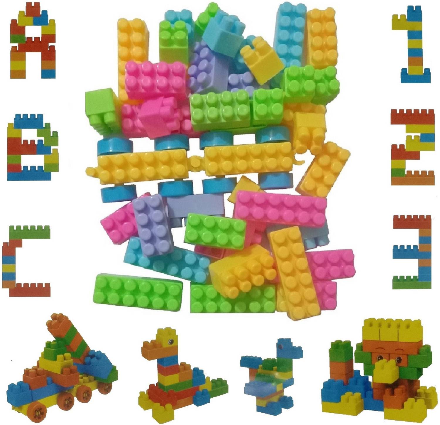 Agk 45 Pcs Construction Block for Boys and Girls, Kids / Creative /Learning Toy/Educational Toy/For Kids Puzzle Assembling Building Unbreakable Kids Toy Set With 8 Wheels to make vehicle toys / Make Alphabet and numbers etc