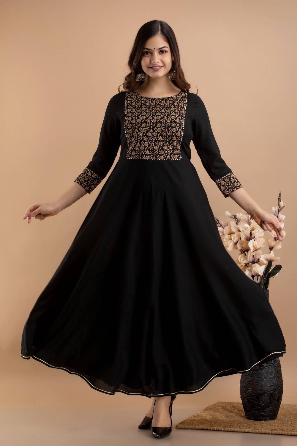 RAAKA Women Printed Viscose Rayon Anarkali Kurta (Brown, Black)