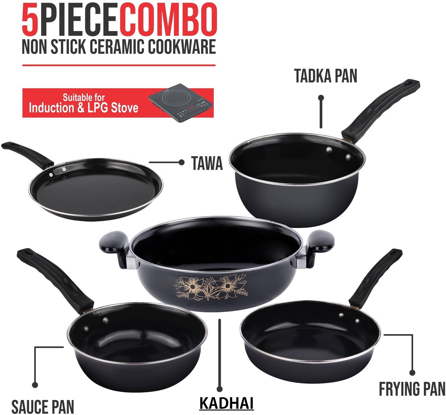 5 pc Kitchen Accessories Set | Non Stick Induction Friendly Cookware | Kadai with Lid , Fry Pan , Tawa , Sauce & Tadka Pan | Ceramic Hard Anodized…