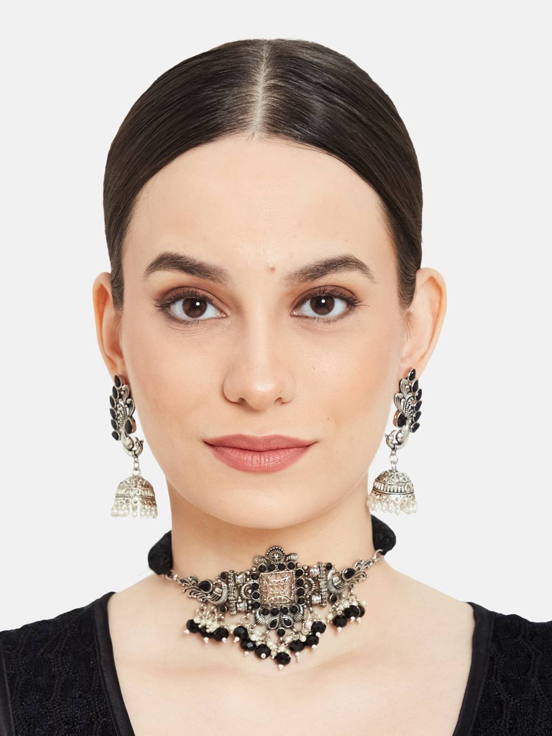 Atibelle Brass Silver Silver, Black Jewellery Set