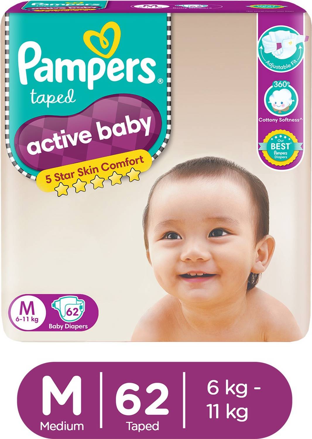 Pampers Active Baby Taped Diapers with Adjustable Fit - M (62 Pie... more