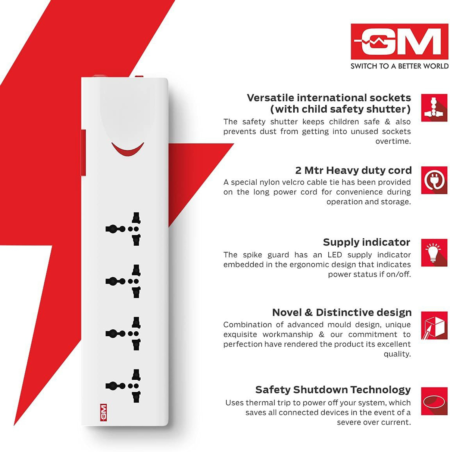 Image of GM Modular 3060 E - Book 4+1 power strip 4 Socket Extension Boards (Red, White, 1.75 m) 4 Socket Extension Boards
