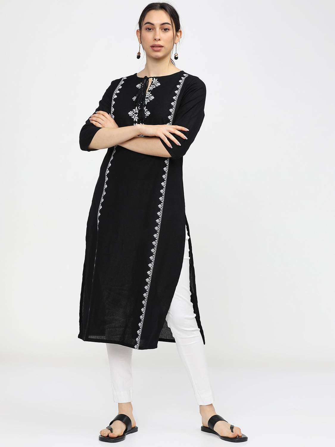 Vishudh Women Printed Pure Cotton Straight Kurta (Black)