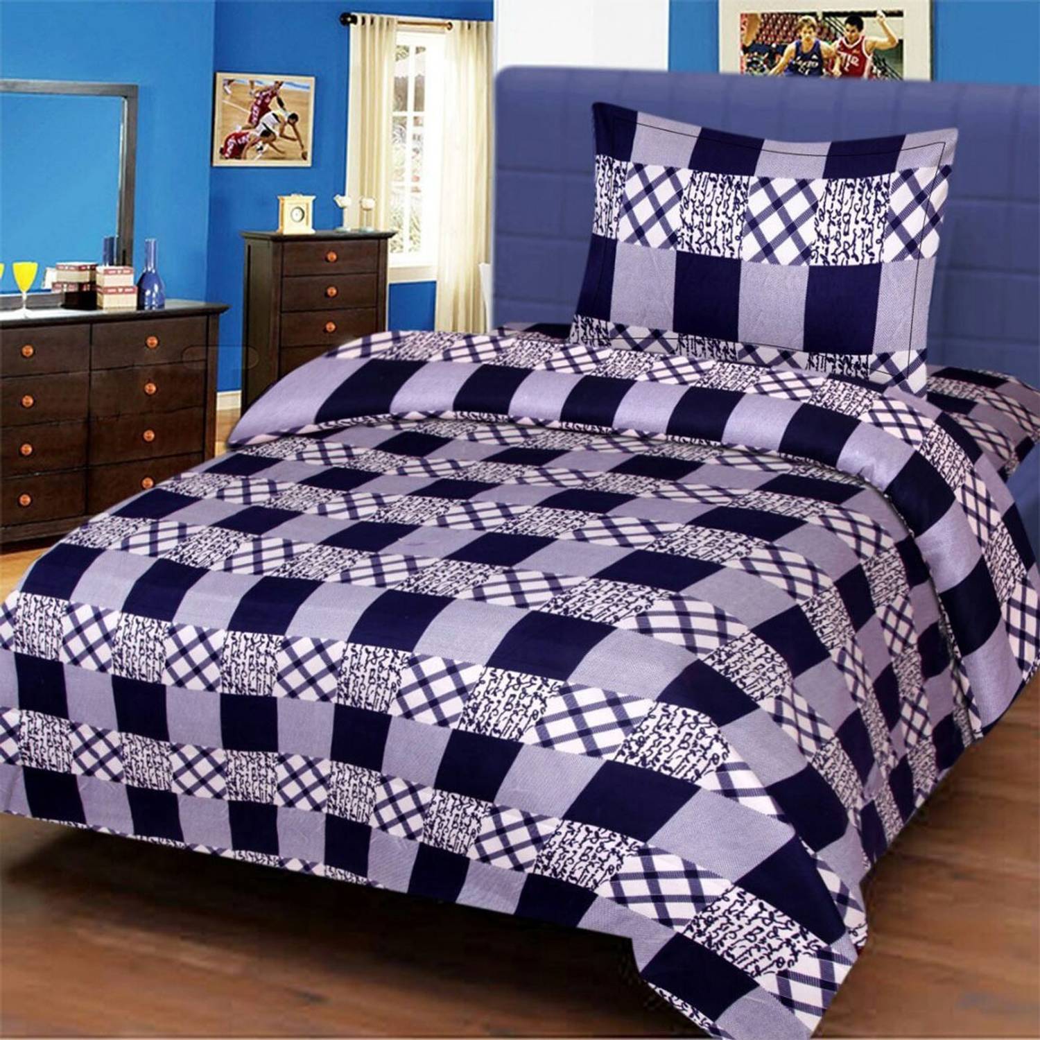 AJM Polyester Single Flat 120 TC Checkered 1 Bedsheet with 2 Pillow Covers