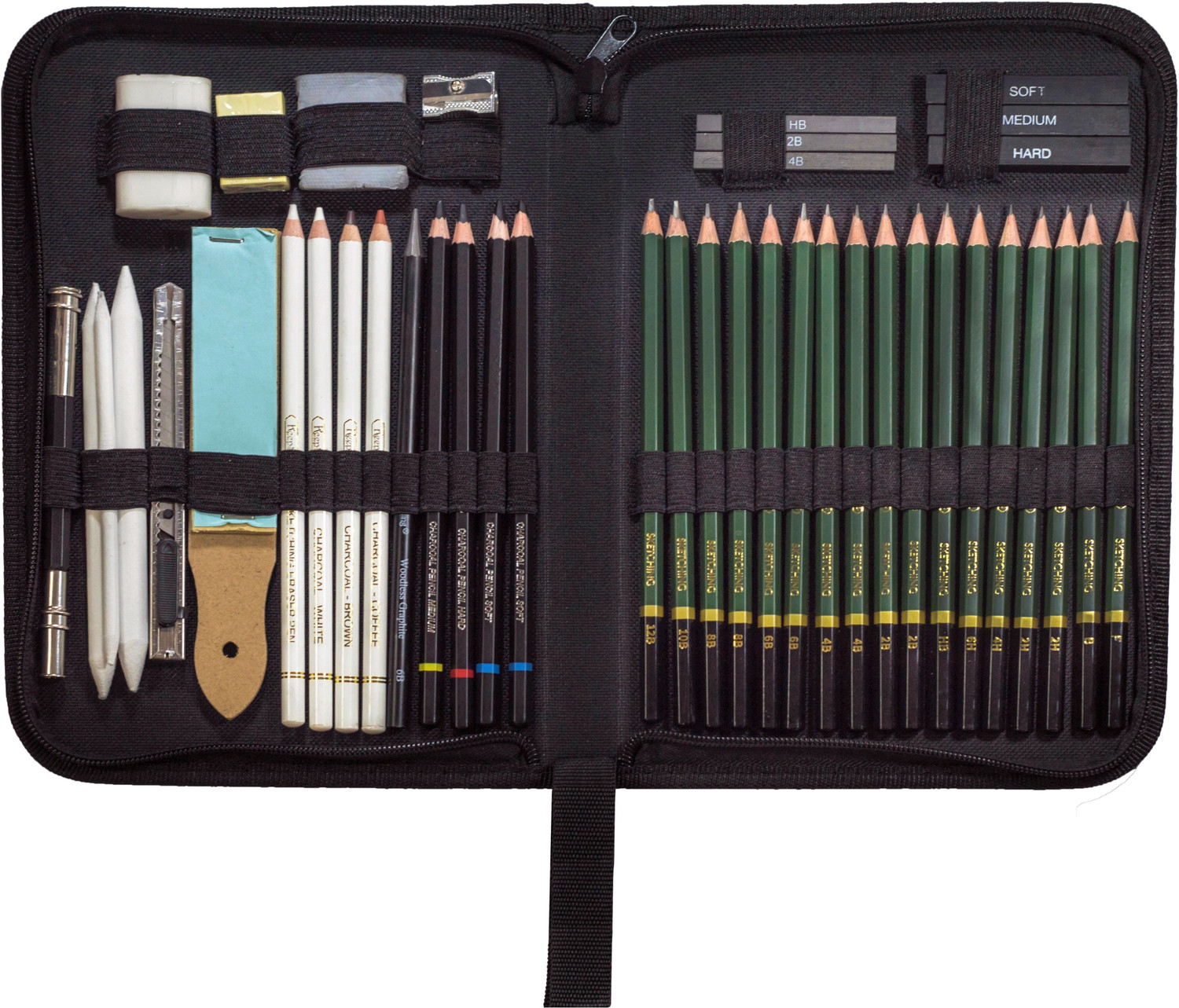 Image of Definite Art 42 Pcs Sketching and Drawing Professional Art Tool Kit Set - 17 X Graphite Pencils, 3 X White Paper Stumps, 4 X Black Charcoal Pencils (2 Soft, 1 Medium and 1 Hard), 1 X White, 1 X Coffee, 1 X Brown Charcoal Pencil, 1 X Sketch Eraser Pencil, 1 X Woodless Graphite Pencil(6B), 1 X Sand Paper Paddle, 1 X Twin Side Pencil Extender, 3 X Compressed Charcoal Stick (Hard, Medium and Soft), 3 X Graphite Sticks (HB, 2B and 4B), 1 X Kneadable Eraser, 2 X Eraser, 1 X Sharpener and 1 X Utility Knife with Zippered Carrying Case.