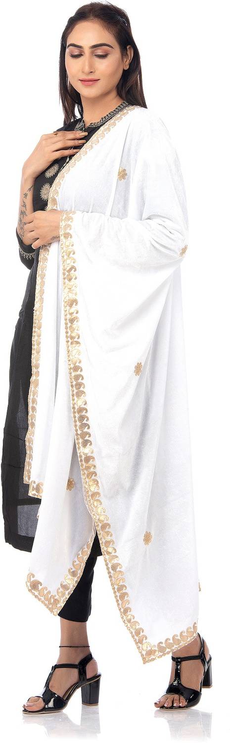 Traditions Bazaar Velvet Embroidered White, Gold Women Dupatta