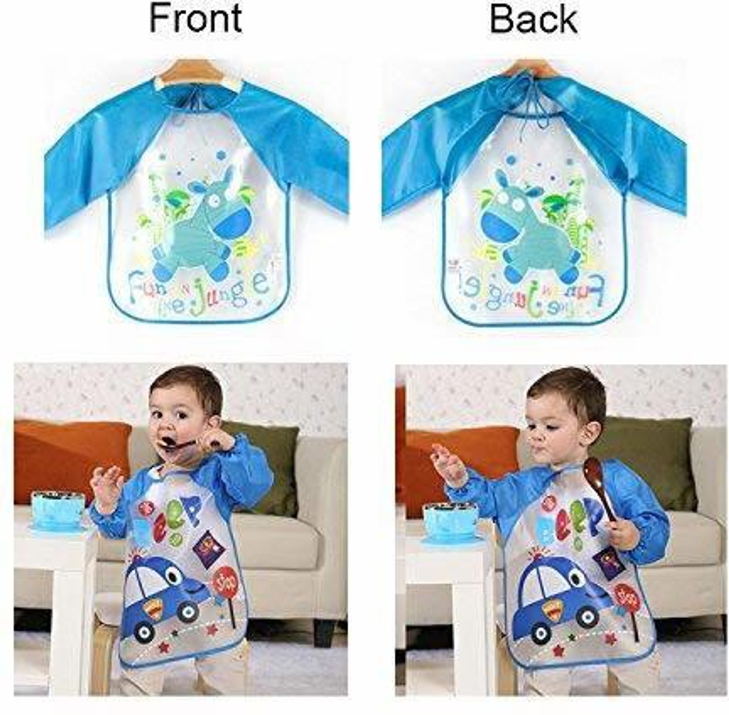 Image of DOMENICO Waterproof Colorful Bib Cute Cartoon Baby Bibs Full Sleeve Apron Feeding Bibs