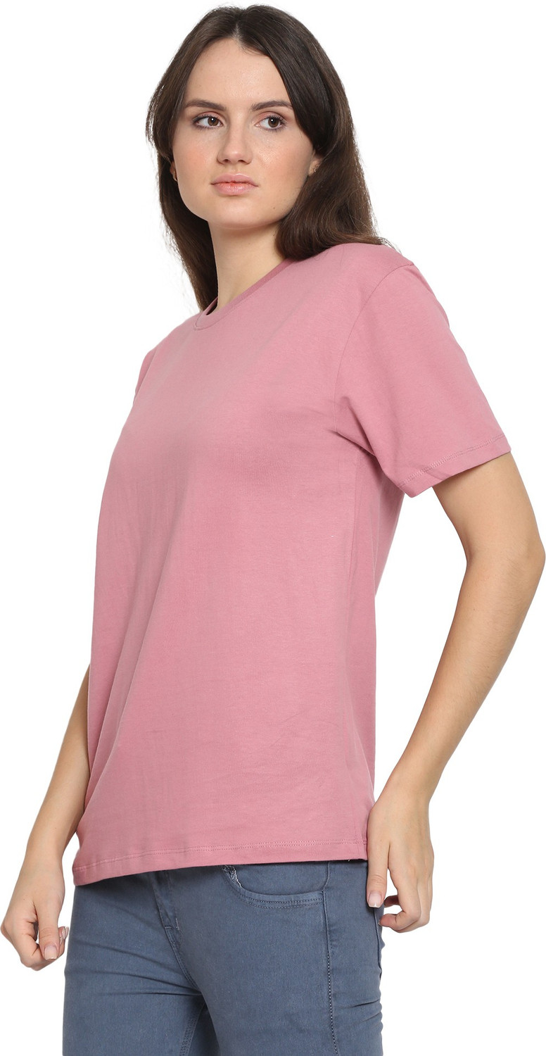 Image of YouthPoi Solid Women Round Neck Pink, Orange T-Shirt