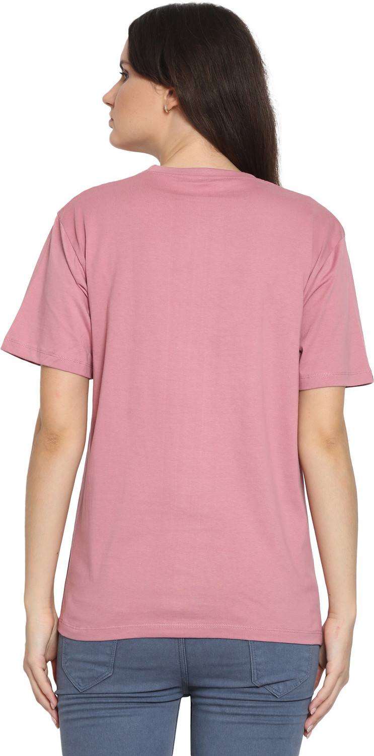 Image of YouthPoi Solid Women Round Neck Pink, Orange T-Shirt