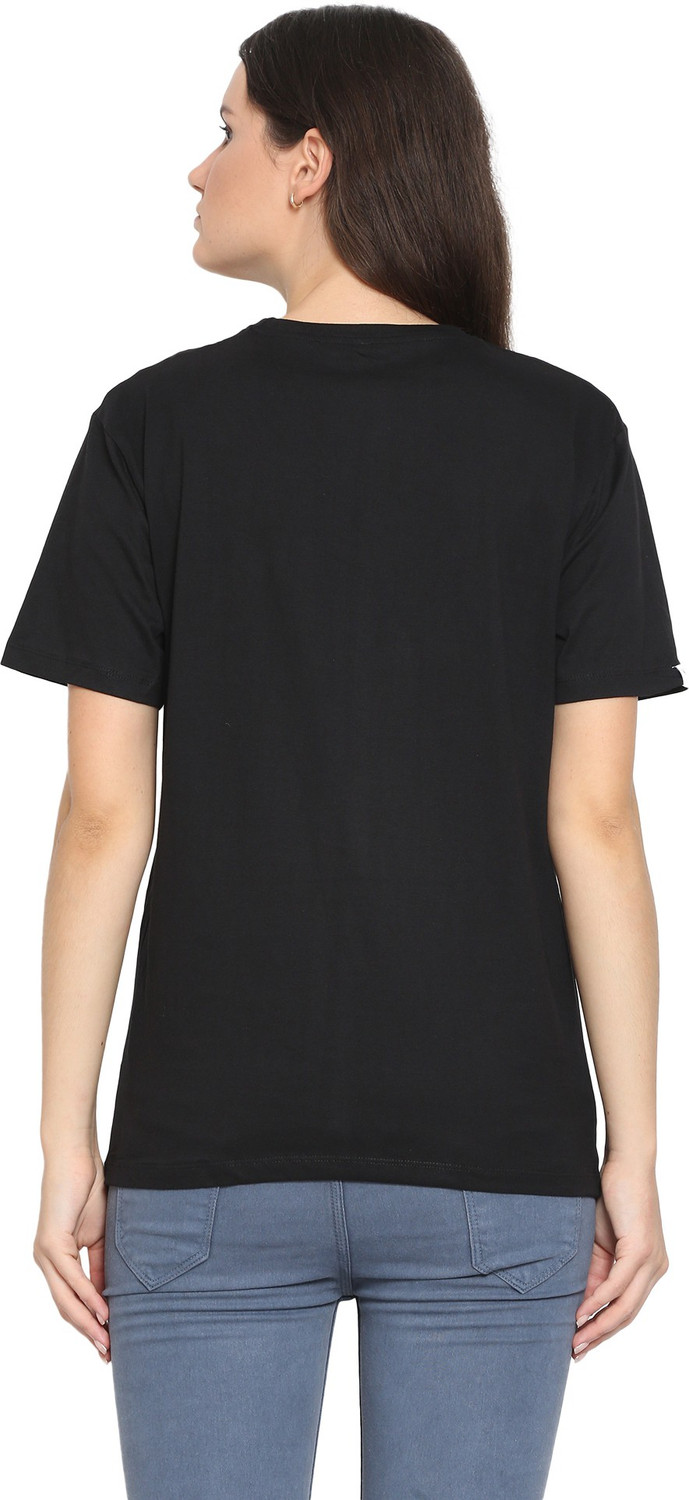 Image of YouthPoi Solid Women Round Neck White, Black T-Shirt