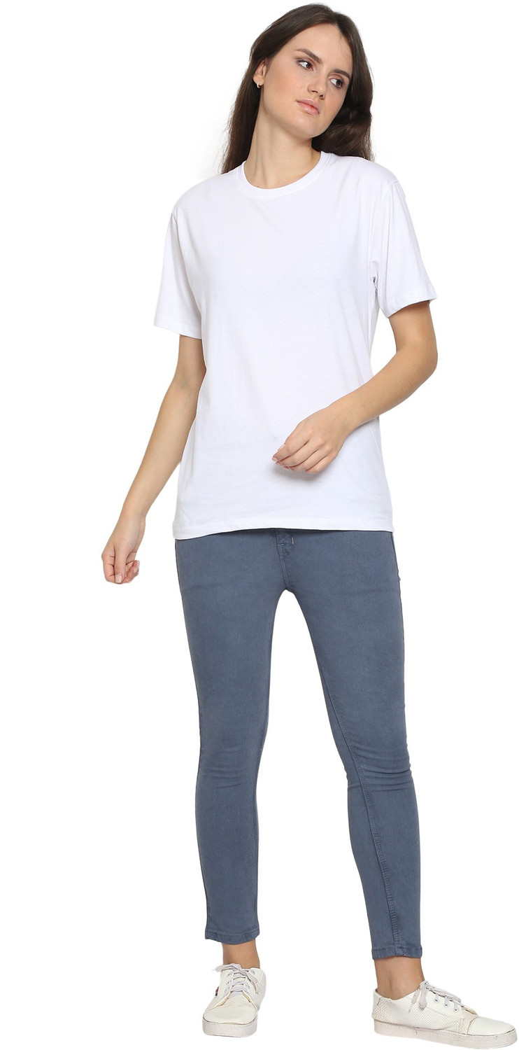 Image of YouthPoi Solid Women Round Neck White, Black T-Shirt