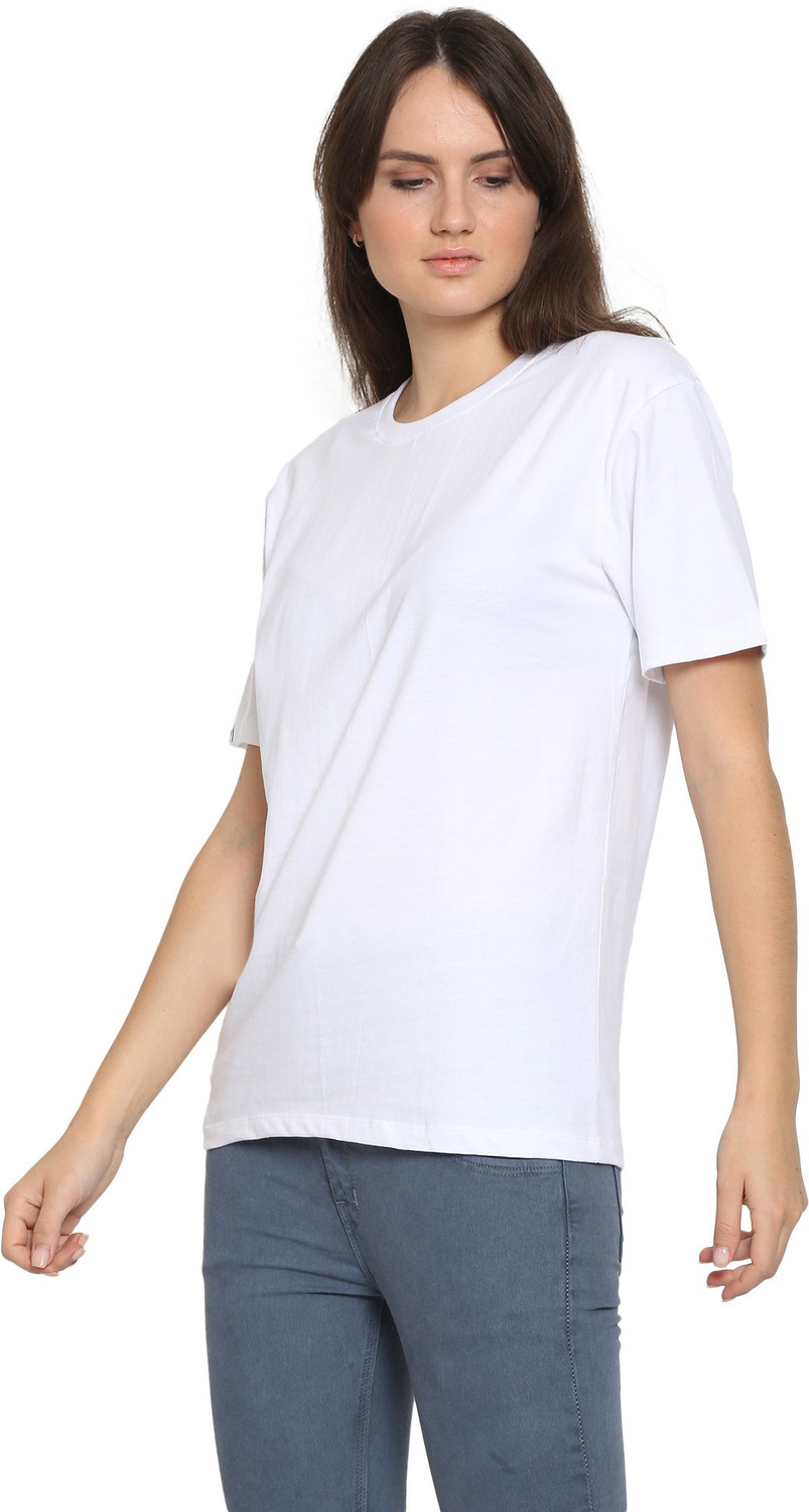 Image of YouthPoi Solid Women Round Neck White, Black T-Shirt
