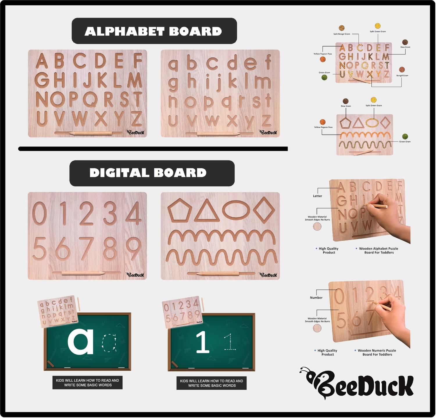 BeeDuck 4 IN 2 Combo English Alphabet, Number and Patten Board|Capital Word "ACBD", Small Word "abcd" and Number "0 To 9", Curve Pattens|Educational Puzzle Toys, Teach your Child about Alphabets, Number and Patten Board for 2+ Years Old Kids (Brown)
