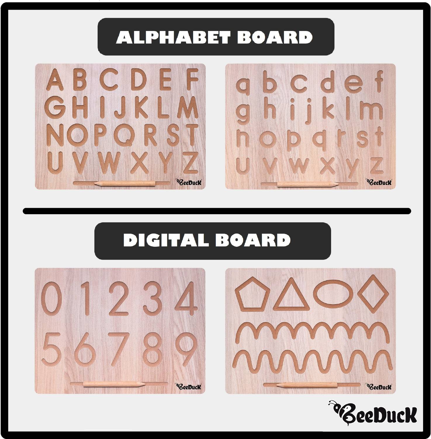 BeeDuck English Alphabet and Number & Patten Tracing Board with Dummy Pencil | Capital Word "ACBD" and Small Word "abcd", "0 To 9" Number & 6 Type of Curve Patten | Learning and Educational Toys for 2+ Years Old Kids