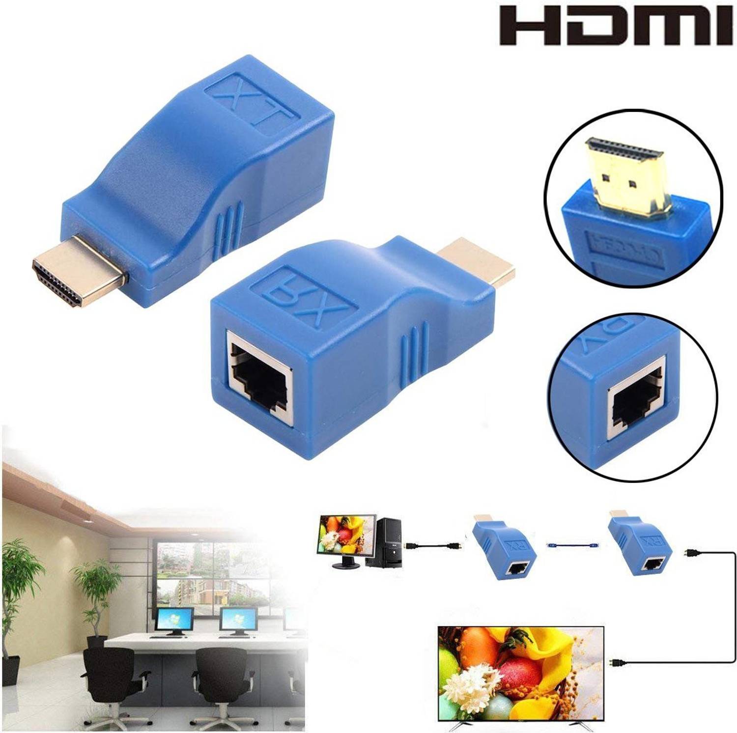 microware TV-out Cable 4K HDMI Extender HDMI Extension Up to 30m Over CAT5e / 6 UTP LAN Ethernet Cable RJ45 Ports LAN Network Compatible with HDTV/HDPC
