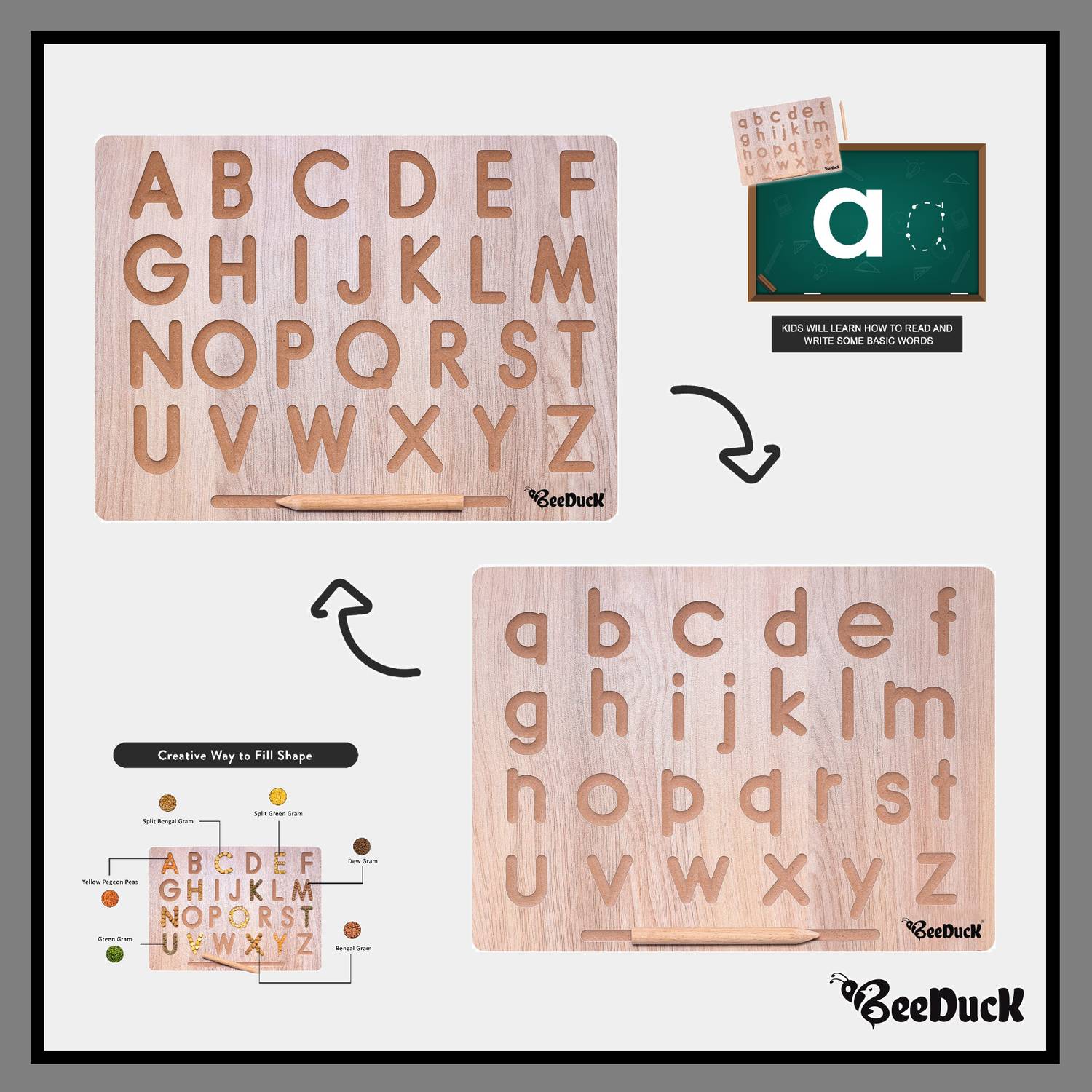 BeeDuck English Alphabet Tracing Board with Dummy Pencil | Capital Word "ACBD" and Small Word "abcd" | Educational Puzzle Toys for 2+ Years Old Kids