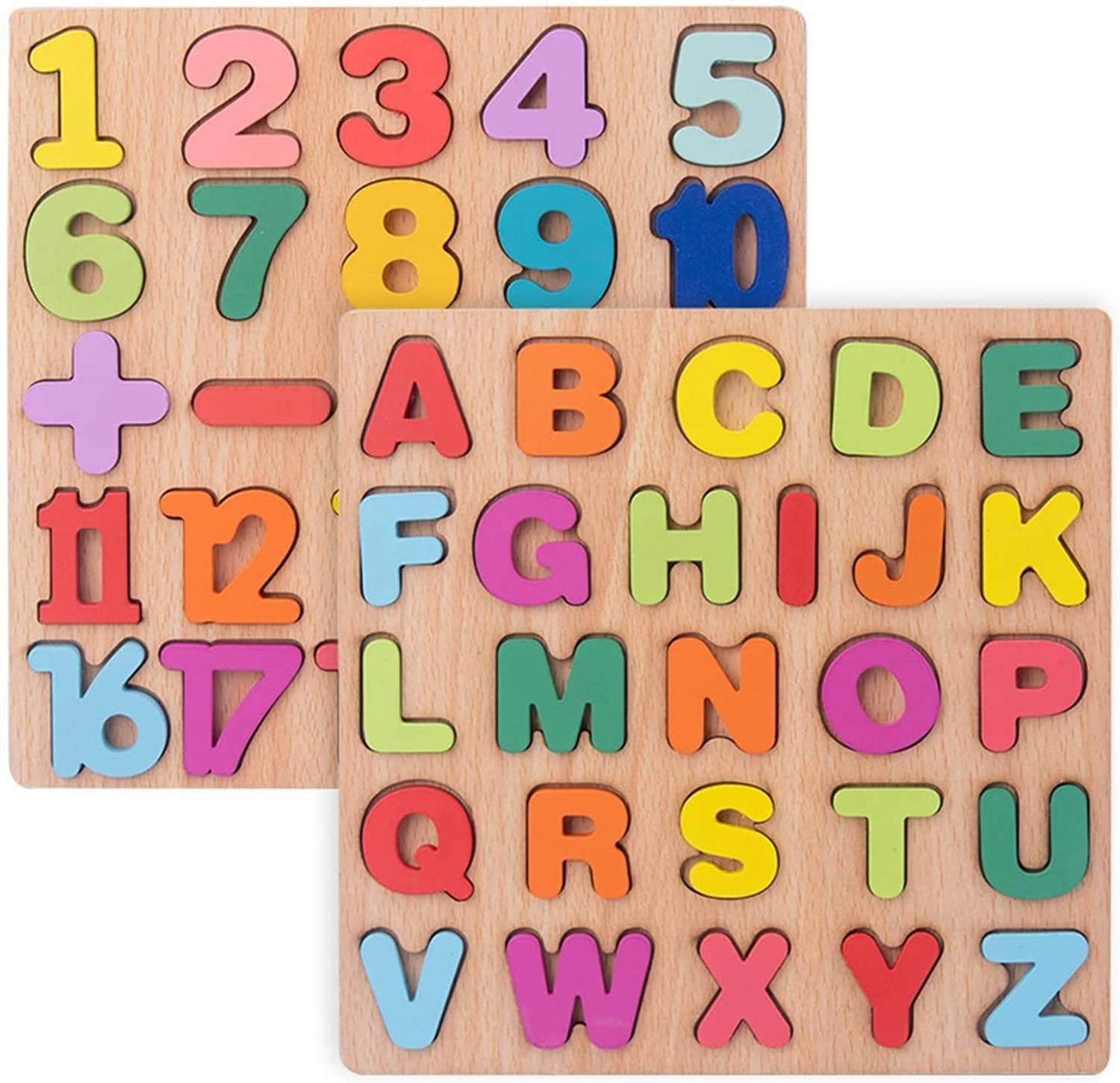 Authfort Toddler Wooden Puzzle, 2 Packs Preschool Learning Educational Toys, Number Alphabet Letters for 1, 2, 3, 4, 5 Year Old Boy Girl Toddler Gifts