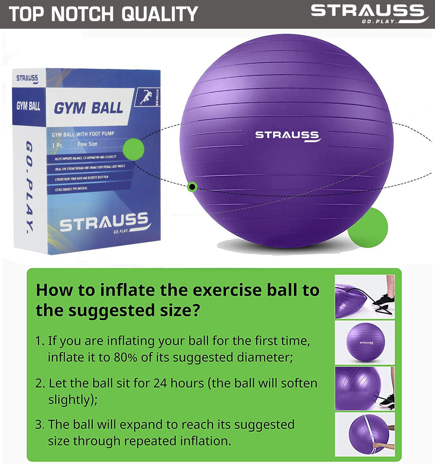 Image of Strauss Anti Burst Gym Ball | Exercise Ball | Yoga Ball | Workout Ball , 75 Cm (Purple) Gym Ball
