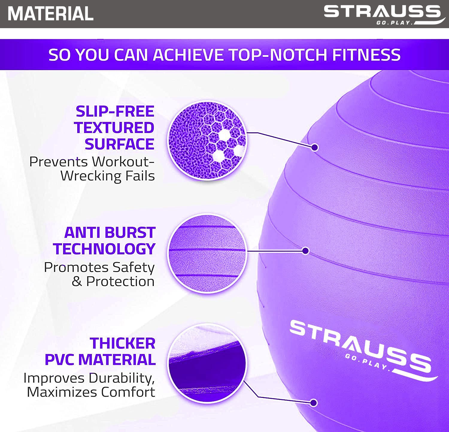 Image of Strauss Anti Burst Gym Ball | Exercise Ball | Yoga Ball | Workout Ball , 75 Cm (Purple) Gym Ball