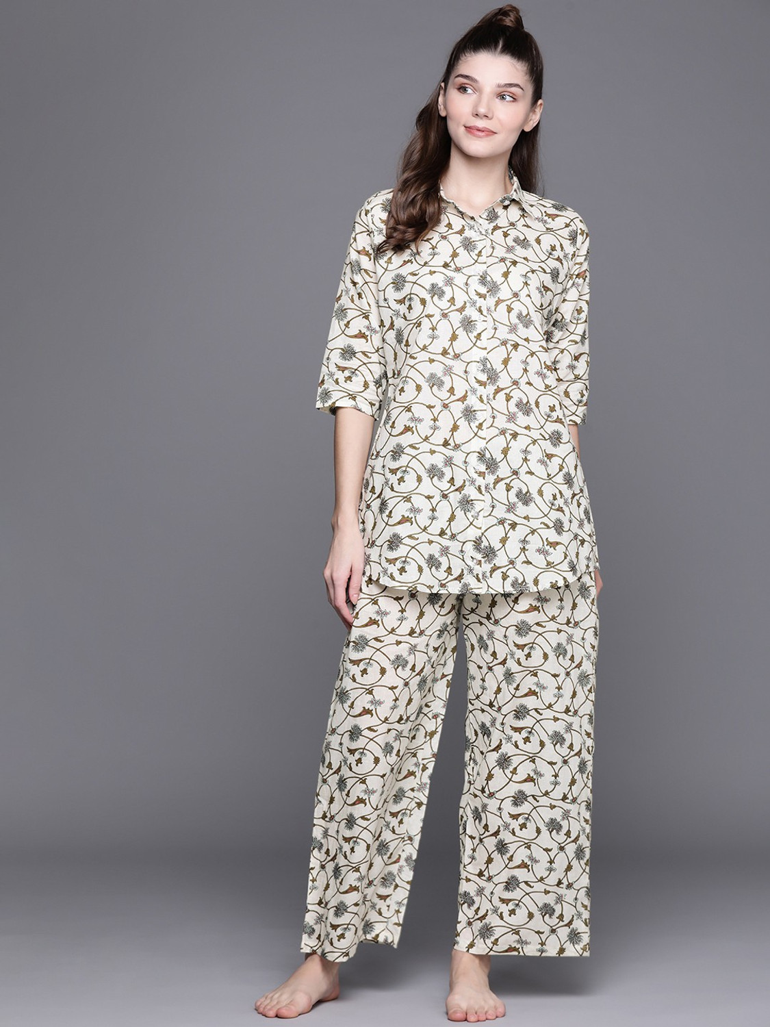 Image of LIBAS . Women Floral Print White Night Suit Set