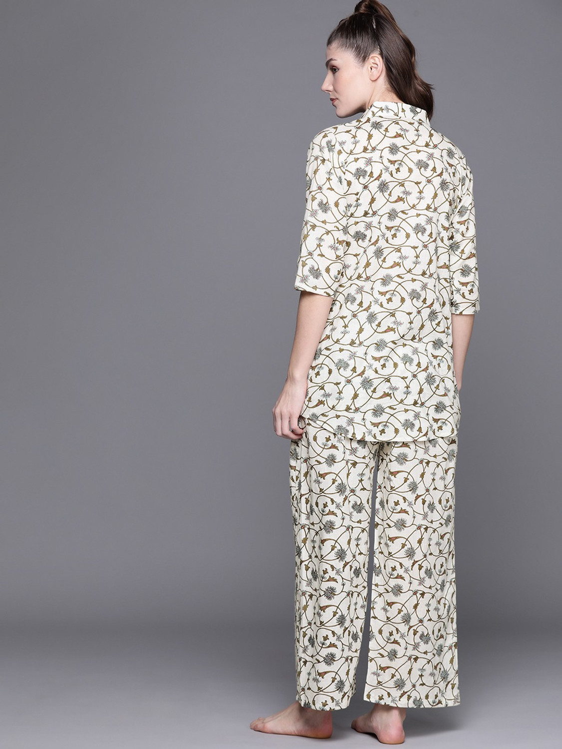 Image of LIBAS . Women Floral Print White Night Suit Set