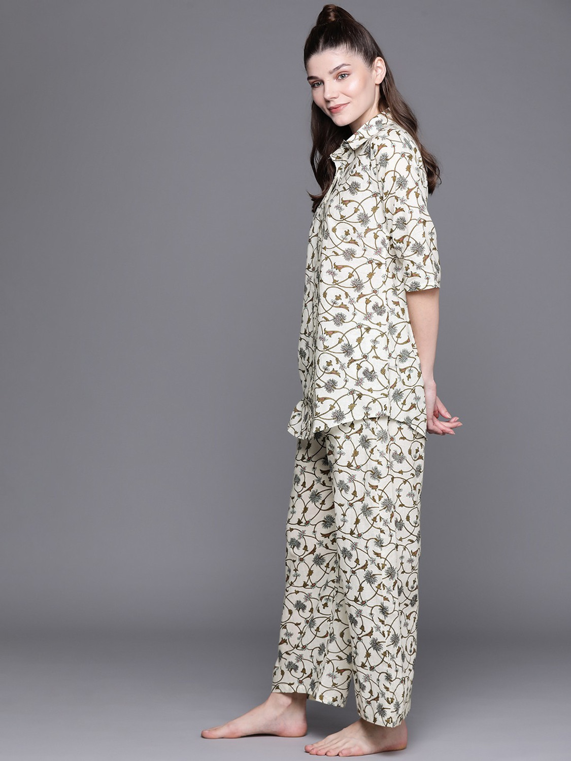 Image of LIBAS . Women Floral Print White Night Suit Set