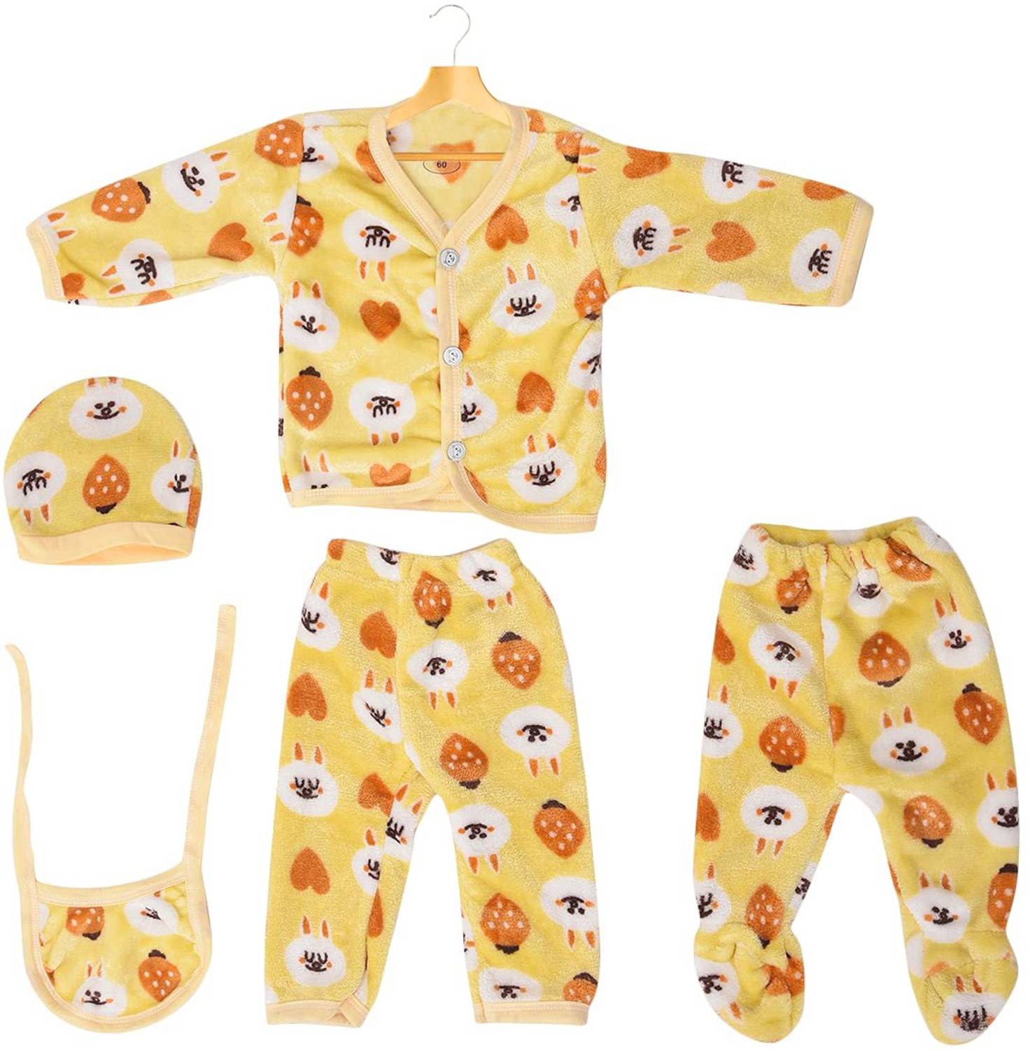 BABY LOOKS Presents New Born Baby Winter Wear Keep warm Cartoon Printing Baby Clothes 5Pcs Sets Cotton Baby Boys Girls Unisex Baby Fleece / Velvet Suit Infant Clothes First Gift For New Baby.Yellow