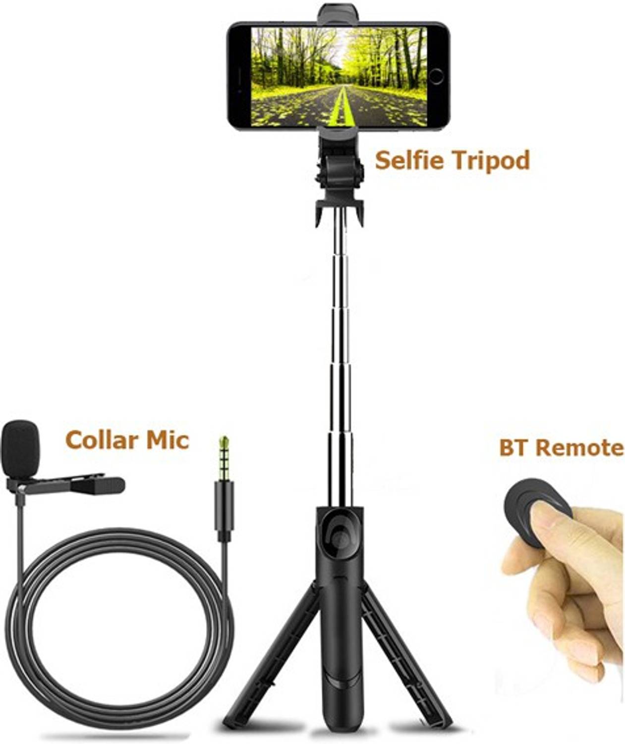 BUFONA BFNXT-02 Mobile Selfie Stick Tripod Stand with Selfie Shutter BT Remote + Lapel 3.5mm Collar Microphone wired mic plug & play condenser Lavalier microphone , Remote Control Selfie Stick Wireless Integrated Folding Telescopic Tripod Monopods,Binoculars Professional Video and Picture Catcher Bluetooth Selfie Stick Stand Monocular , spotting scope, Compatible with Mobiles Video Stand in Stabilizer, in Gimbal |in mobile holder for hand Best Use for Make Videos, Voice Recording Tripod