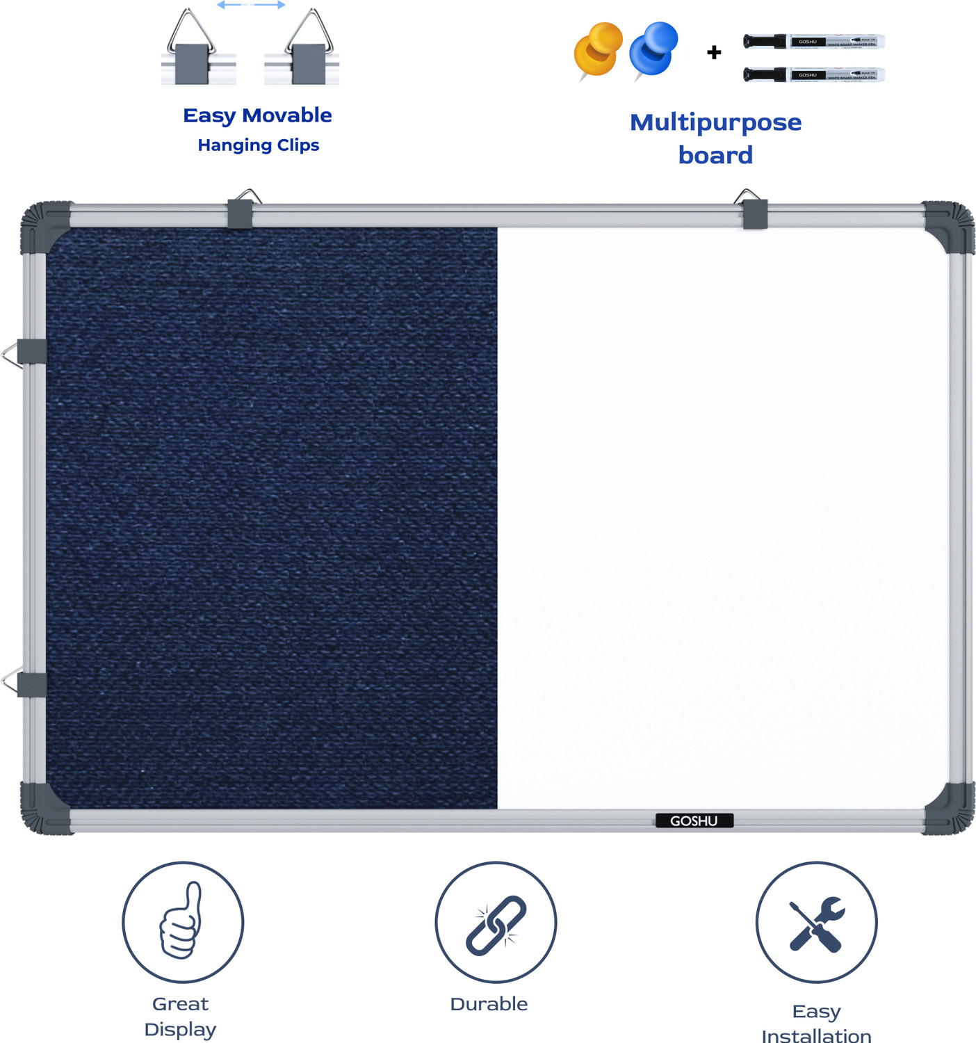Image of GOSHU Combination 2 feet x3 feet Board (Non Magnetic White Board with Blue Pin-up Notice Board) for Home, Office & School, Heavy-Duty Aluminum Frame White, Blue board