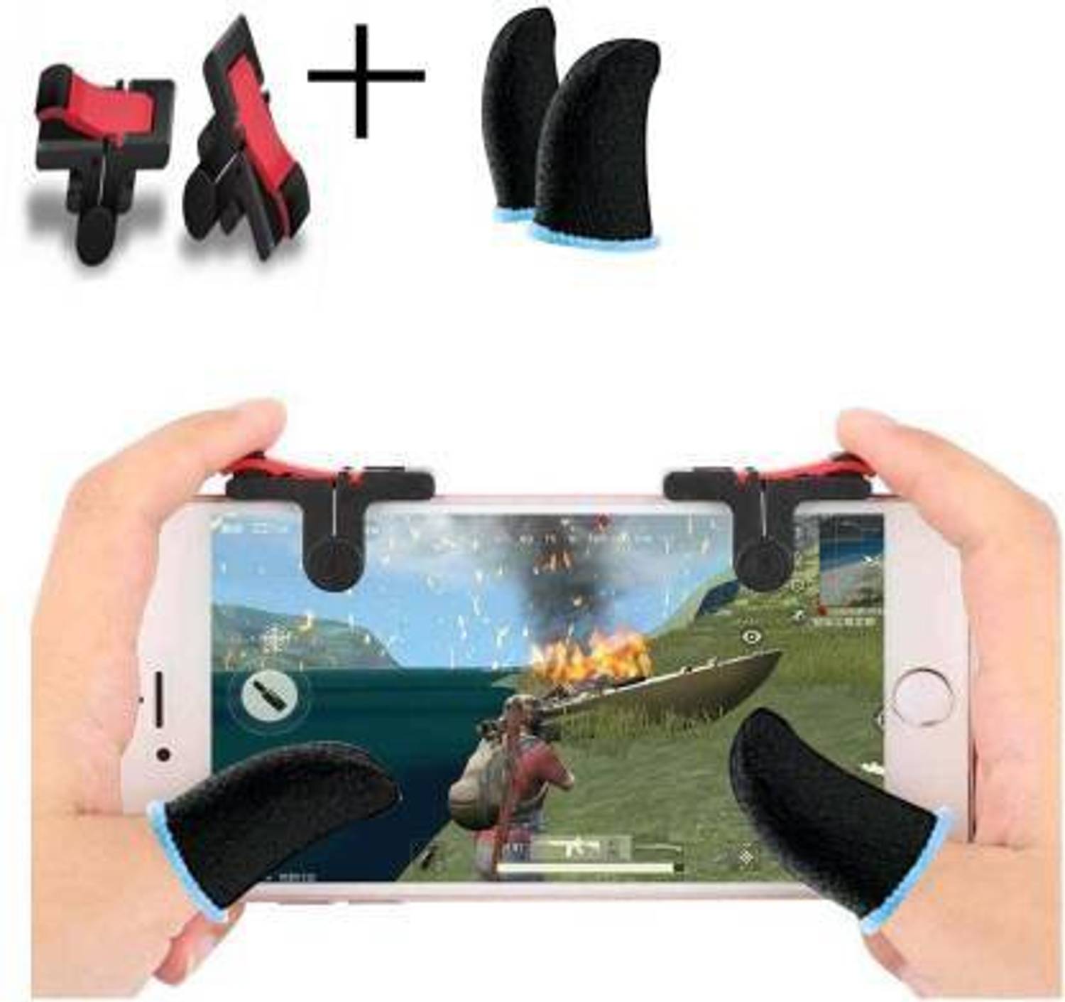 WILDBRAIN Combo Pack of Touch smoothly Run Blue Finger Sleeve Cap and Fastest Firing sensored Trigger for Sweat Breathable Full Touch Screen to Mobile pubg/Call Off Duty/Free fire Game Trigger For IOS Android Joystick