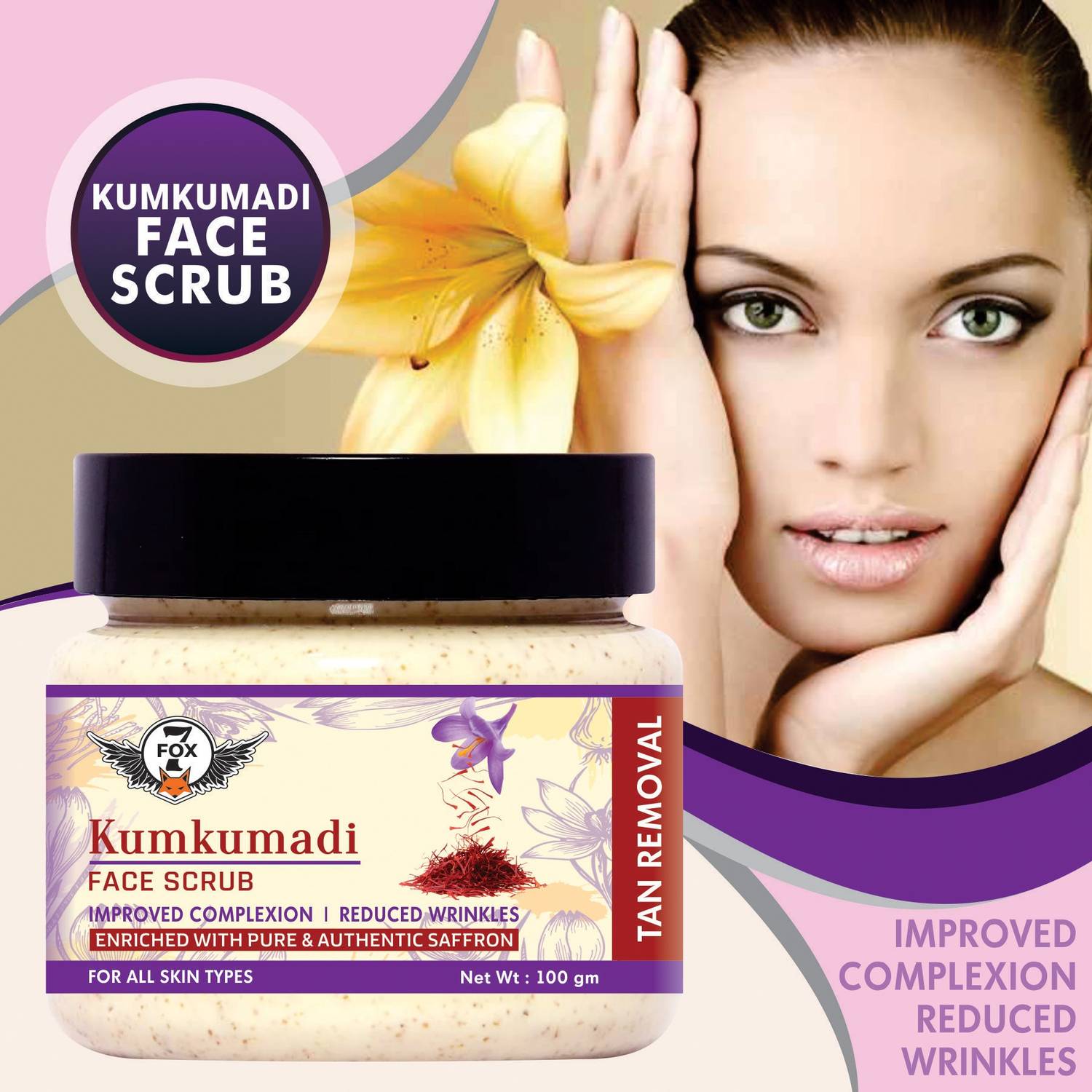 7 FOX Premium Kumkumadi Face Scrub with Kumkumadi Tailam Glowing Skin, Tan Removal, De-Pigmentation, Dry, Oily, Combination Skin, Men & Women- Scrub