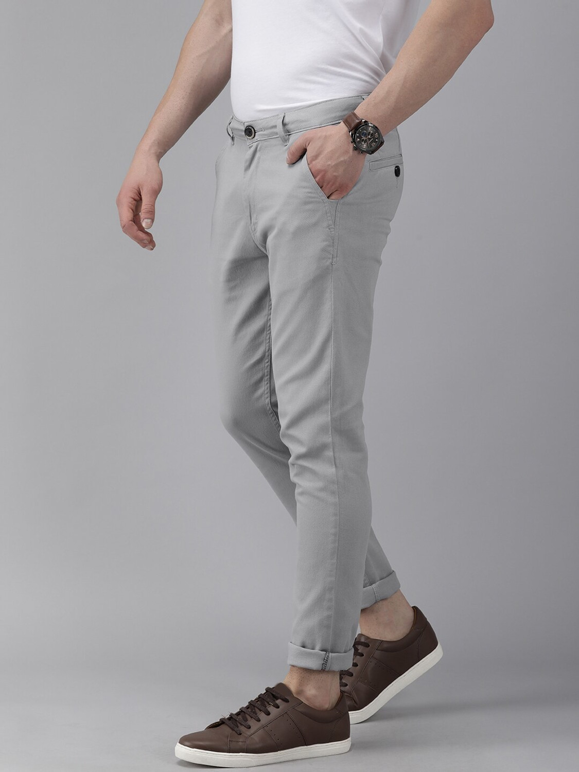 Image of Roadster Slim Fit Men Grey Trousers