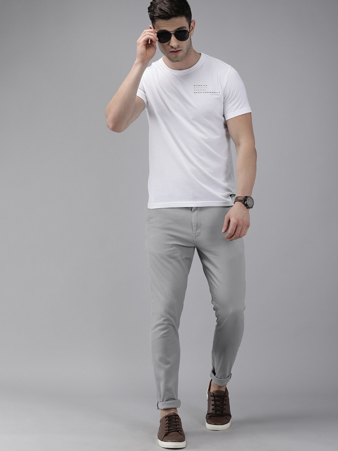 Image of Roadster Slim Fit Men Grey Trousers