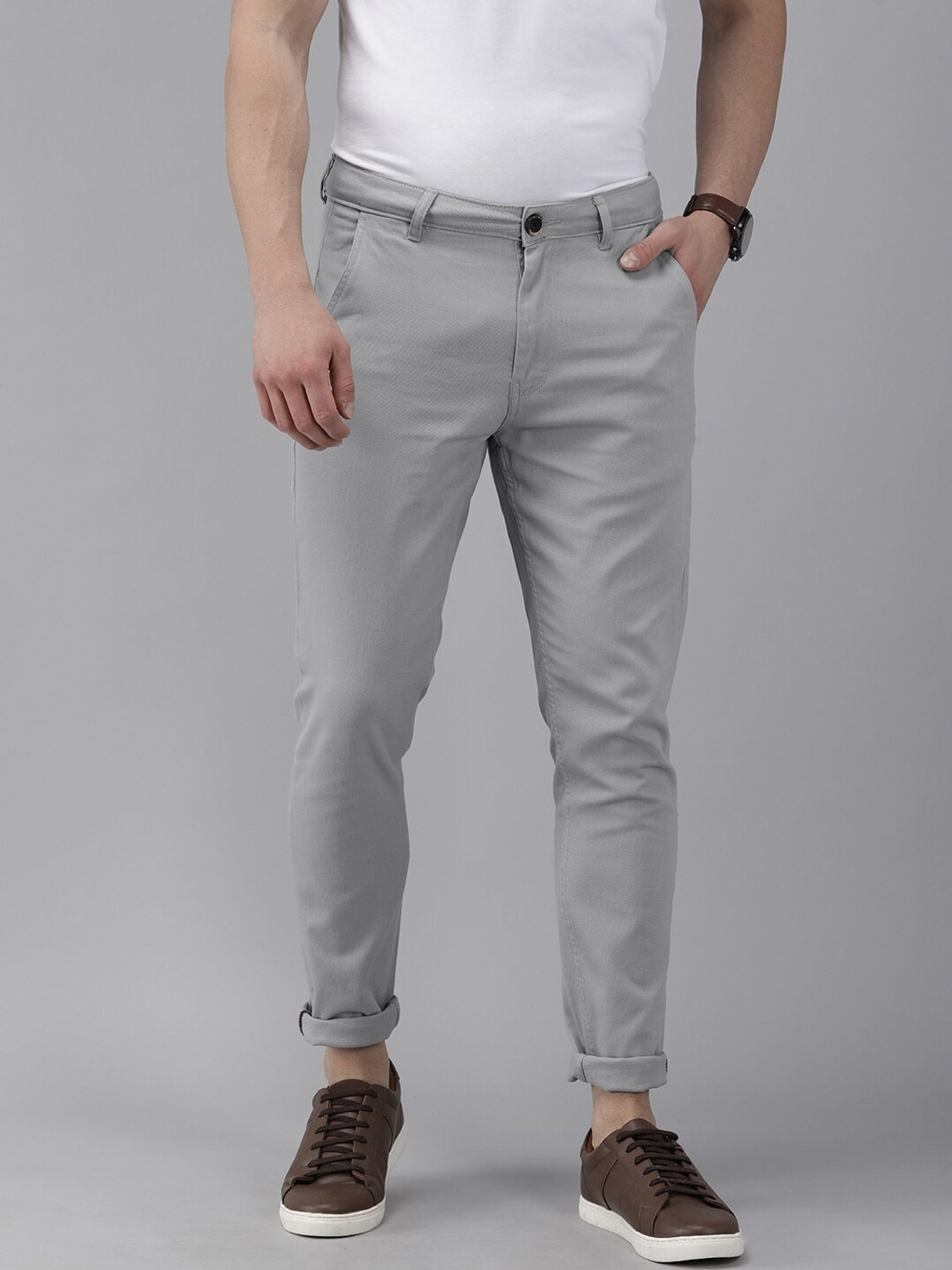 Image of Roadster Slim Fit Men Grey Trousers