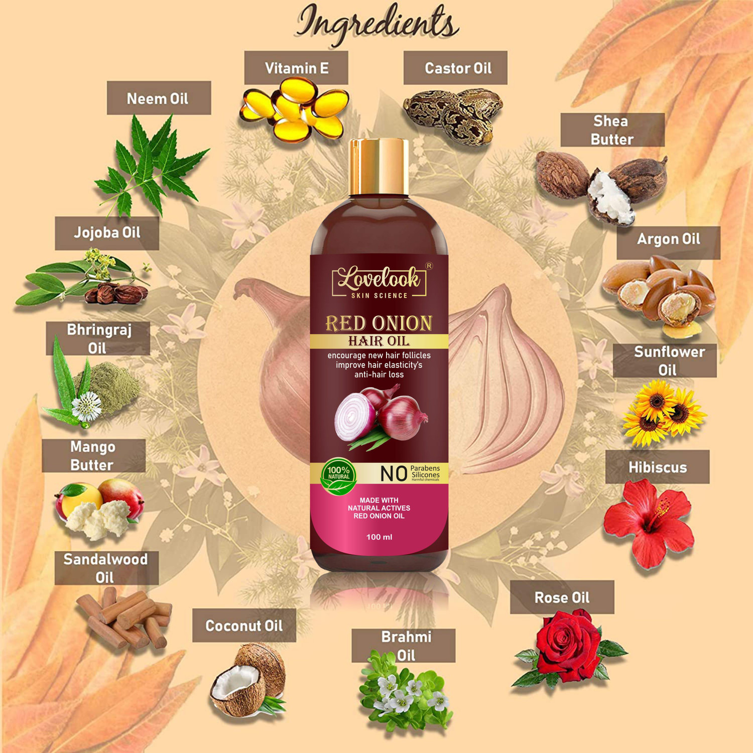 Image of Lovelook Onion Hair Oil with 14 Essential Oils for Hair Regrowth, Dandruff Control Hair Oil