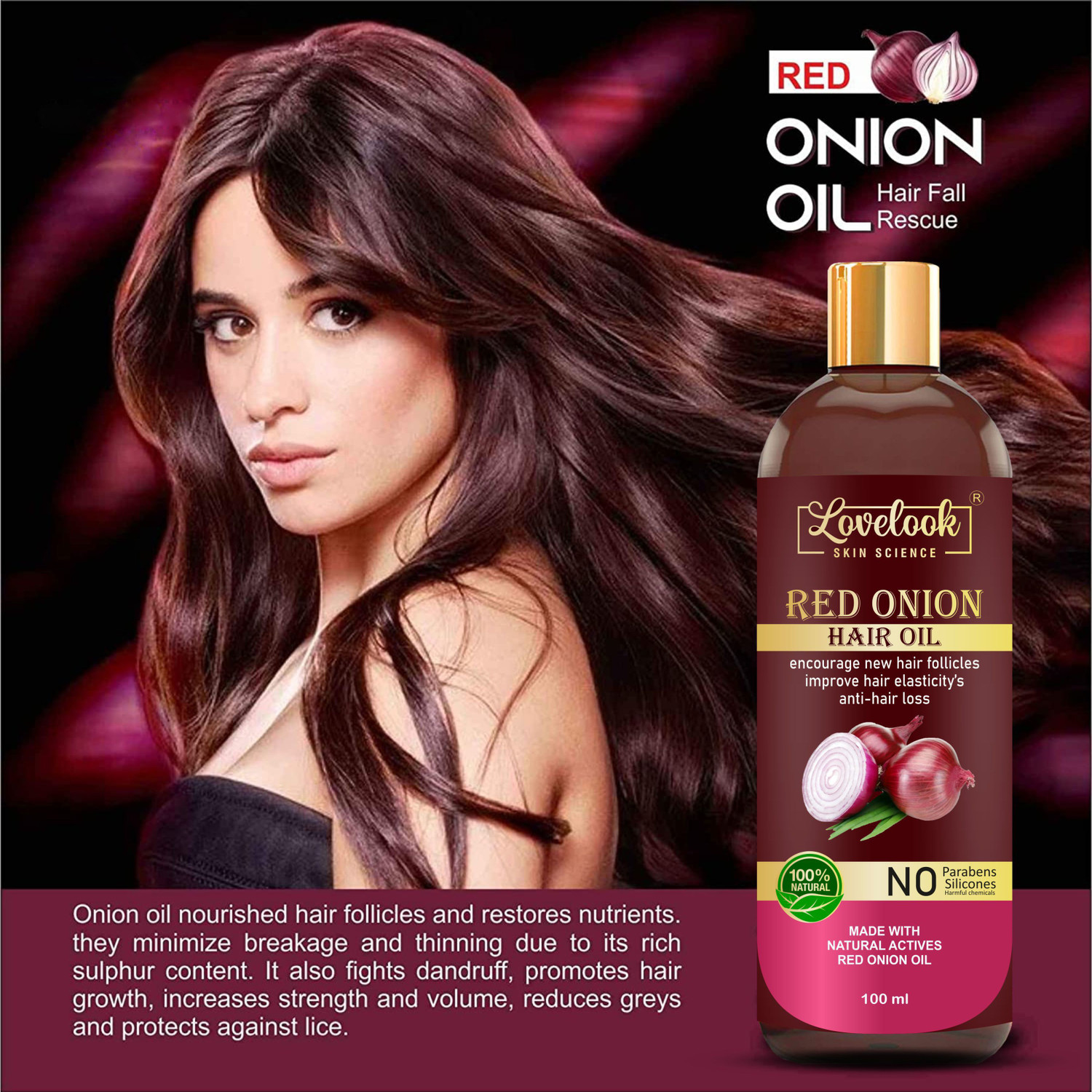 Image of Lovelook Onion Hair Oil with 14 Essential Oils for Hair Regrowth, Dandruff Control Hair Oil