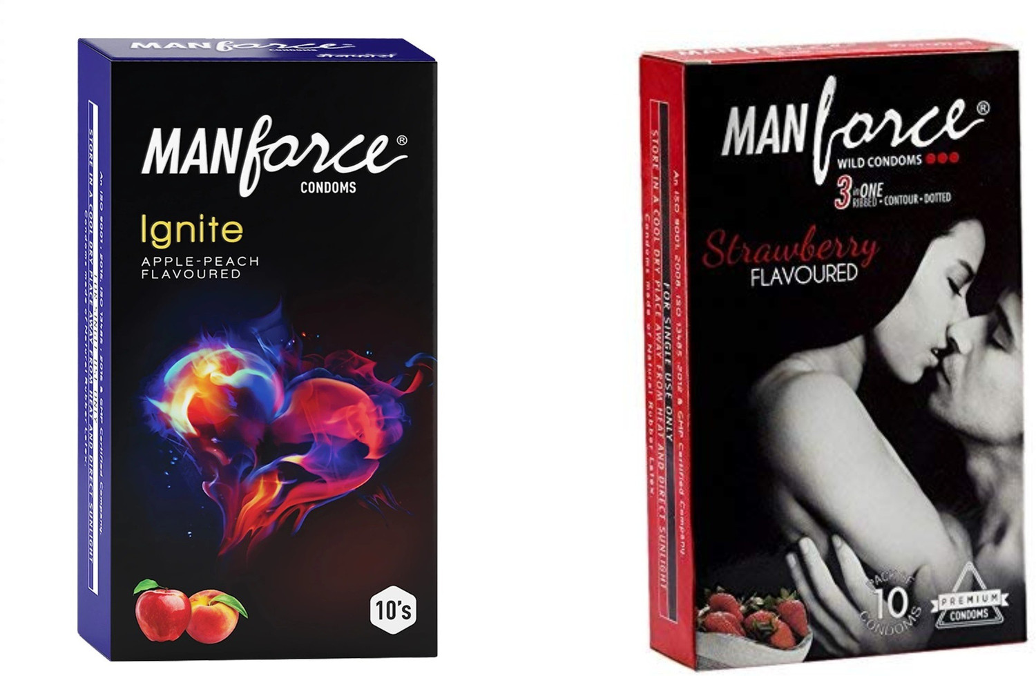 Image of MANFORCE Ignite Apple-peach Flavoured Extra Dotted Box Condoms - 10 Pieces & 3 in 1 Wild Ribbed Contour Dotted Strawberry Flavor Condoms - 10 Pieces Condom (Set of 2, 20 Sheets)