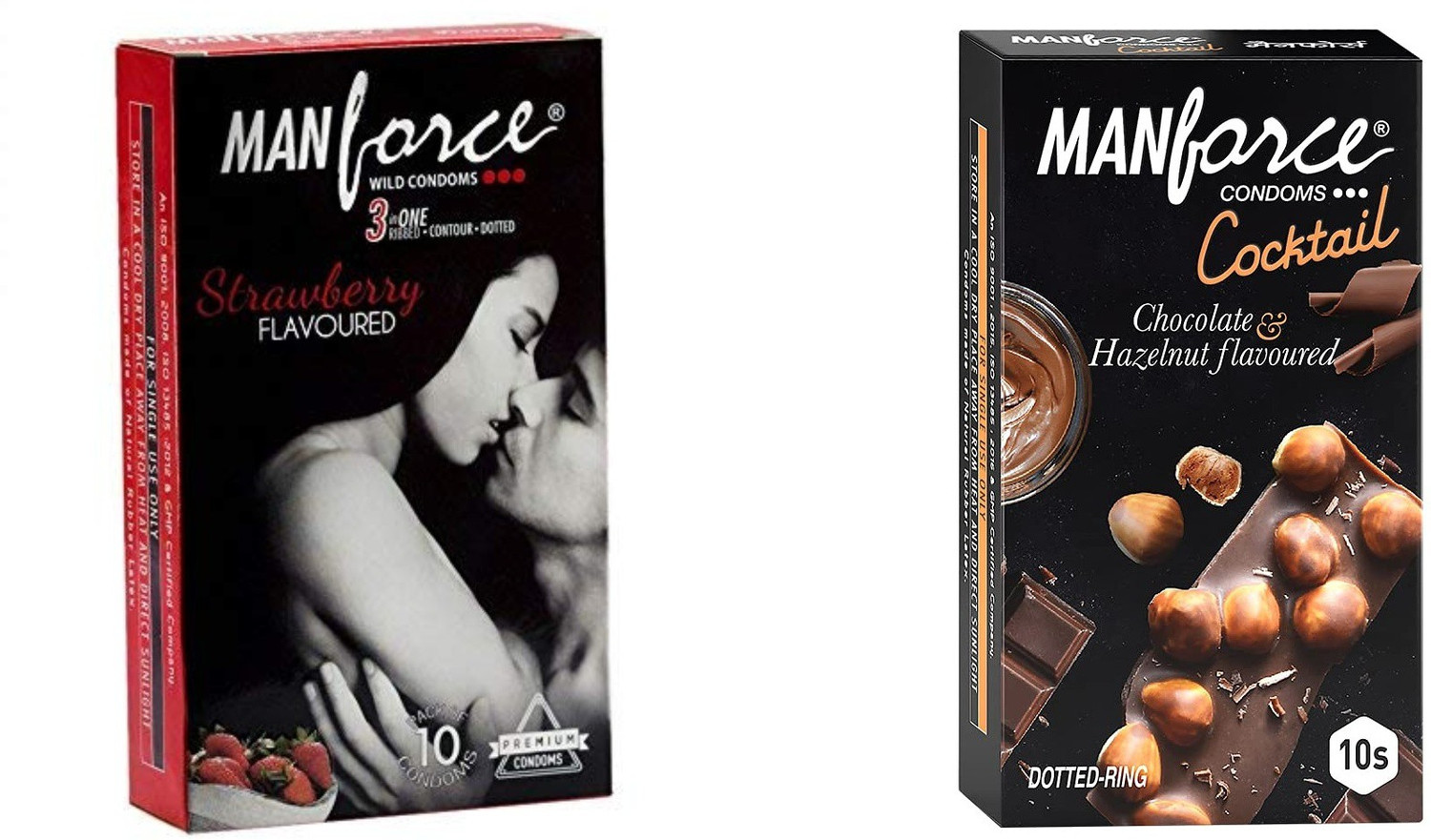 Image of MANFORCE 3 in 1 Wild Ribbed Contour Dotted Strawberry Flavor Condoms - 10 Pieces & Cocktail Condoms with Dotted-Rings, Hazelnut & Chocolate Flavoured- 10 Pieces Condom (Set of 2, 20 Sheets)